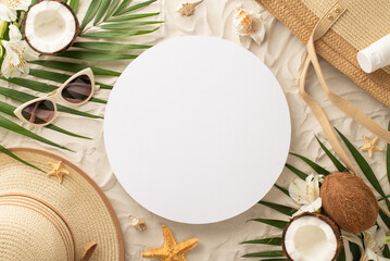 Wall Mural - Unveil the allure of summer holidays with mesmerizing top view arrangement: glasses, hat, beach bag, sunscreen, palm leaves, coconut, flowers on sandy backdrop, accompanied by circle for text or ad