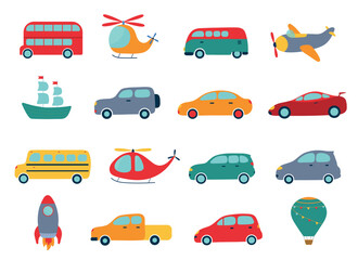 Wall Mural - Cute vector toy transport isolated on white background. Ship, cars, plane, helicopter, rocket, bus. Kids flat colorful vehicle set