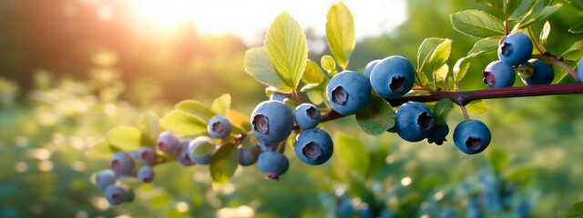 blueberry grows on a tree in the harvest garden. Generative Ai,