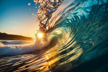 Ocean Wave Curl With Sunlight Beam. Surfing Concept. Generative AI