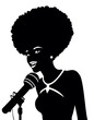 African american female vocalist silhouette. Girl with retro afro hair style sings to microphone - vector illustration. Music pop disco rnb jazz soul vocal concept.