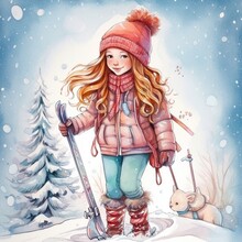 Vintage Cartoon Character, Girl Skiing In Winter, Postcard Cute Woman, Travel Is Fun. Generative AI
