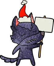 Hand Drawn Textured Cartoon Of A Wolf With Sign Post Showing Teeth Wearing Santa Hat