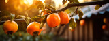 Persimmon grows on a tree in the harvest garden. Generative Ai,