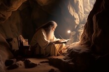 Prophet Is Writing Holy Book In The Cave. Beautiful Illustration Picture. Generative AI