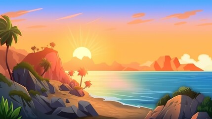 Wall Mural - Abstract background sunrise on the coast of the ocean. In this illustration, a stunning portrayal of a sunrise in the ocean coast is brought to life. Generative AI.
