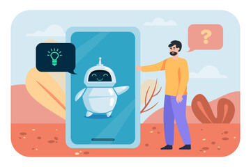 Aufkleber - Man asking chatbot for help vector illustration. Virtual assistant advising client via chat messenger app on smartphone. Online customer support, AI, chatbot conversation concept