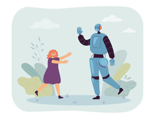 Aufkleber - Robotic character greeting happy little girl vector illustration. Cartoon drawing of smiling child running towards comic robot or cyborg. Artificial intelligence, emotions, modern technology concept