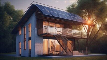 Wall Mural - A modern two-story cottage in a minimalist style with solar panels on the roof. Gray walls, a spacious terrace, an elegant staircase to the second floor. Soft evening light. Generative AI