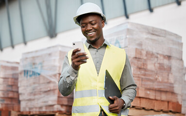 Poster - Architecture, phone and smile with black man on construction site for networking, communication and digital. Engineering, building and designer with male contractor in city for property and app