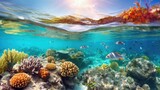 Fototapeta Do akwarium - Dive into the crystal-clear depths of a pristine ocean, where an enchanting world of colorful marine creatures awaits. Generated by AI.