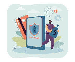 Aufkleber - Cyber criminal stealing credit card information from smartphone. Thief with money bag, phone with unlocked symbol on screen vector illustration. Cybersecurity, safety, protection, technology concept