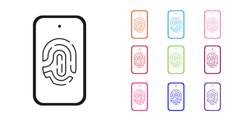 Aufkleber - Black Smartphone with fingerprint scanner icon isolated on white background. Concept of security, personal access via finger on mobile. Set icons colorful. Vector