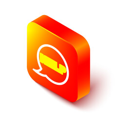 Poster - Isometric line Speech bubble with text Help icon isolated on white background. Orange square button. Vector
