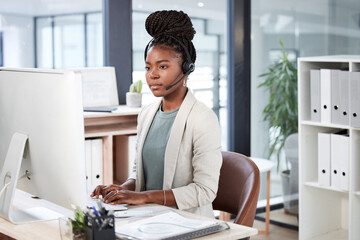 Poster - Call center, computer and black woman typing for telemarketing, customer service or support. Contact us, crm or African female sales agent, consultant or person focus on business in help desk office.