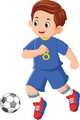 Sticker - a father is exercising playing soccer wearing a blue uniform shirt