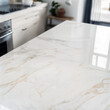 Selective focus, Marble table top on blur kitchen counter (room) background. For montage product display. generative ai.