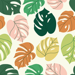 Wall Mural - Tropical leaves seamless pattern. Monstera leaves background. Exotic green leaves for fabric, print, cover, banner and invitation, Vector stock illustration.