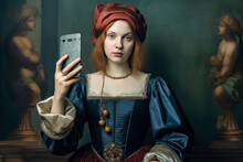 Woman In Renaissance Costume Taking A Selfie, In The Style Of Surrealist Realist, Old Masters. Generative Ai Illustration.
