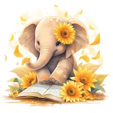 Baby Elephant With Sunflowers And Books Watercolor Animals Illustration. Isolated On White Background. For Children Book And Print, Birthday. Art For Poster, Greeting Card And Sticker. Ai Generative