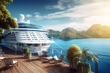 Luxury ocean cruise liner in the bay of a tropical paradise island, palm trees and mountains, emerald water. Premium vacation. Generative AI