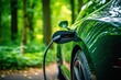 Green electric vehicle connected to charger, Carbon credit carbon neutrality goal 2050, Generative AI