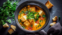 Food photography of tasty soup with croutons and cooking ingredients on black concrete background, top view - ai generative