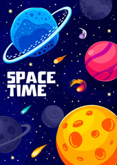 Poster - Cartoon space landscape poster, starry galaxy. Space travel, galaxy discovery or astronomy science vector banner or poster. Universe research flyer with Solar System planets, comets and galaxy stars
