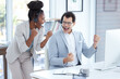© Vamumusa C/peopleimages.com - Business people, call center and celebration for winning, teamwork or success in customer service at office. Happy man and woman consultant or agent in team promotion, bonus or sales in contact us