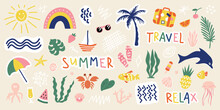 Hand Drawn Summer Design Elements. Collection Of Cute Stickers For Covers, Scrapbooking, Home Decor And More.Vector Illustration.