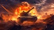 War tank walking through the middle of war with shrapnel fire bombardment debris Generative AI Illustration