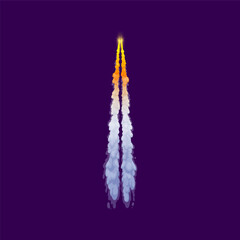 Poster - Cartoon rocket smoke trail with jet fire and steam clouds. Vector spaceship or shuttle carrier rocket launch contrail with flame, white smoke and steam tracks. Missile trail of vertical takeoff