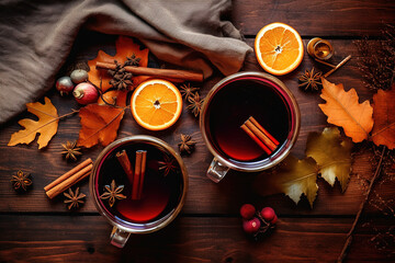 Two cups of autumn mulled wine or gluhwein with spices and orange slices on rustic table top view. Traditional drink on autumn holiday.