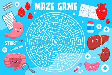 Aufkleber - Labyrinth maze game with cartoon body organ characters, vector worksheet for kids. Funny heart, brain and liver with lungs and kidney characters to find way or escape labyrinth path on puzzle game
