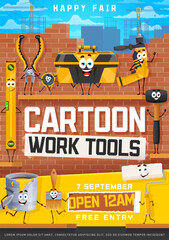 Sticker - Kids party flyer, cartoon work and DIY tools characters, entertainment event vector poster. Kindergarten or school party invitation flyer with funny cartoon hammer, saw and toolbox or carpentry tools