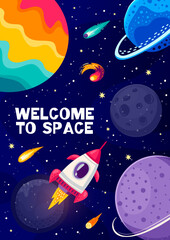 Poster - Cartoon space landscape poster. Rocket, comets and galaxy planets. Cosmos travel, space adventure vector flyer or poster with spaceship in outerspace, alien galaxy planets, comets and asteroids