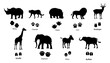 African animal silhouettes with footprints. Vector lion, elephant, rhino and cheetah, safari giraffe, zebra, hippo, buffalo and antelope with paw and hoof tracks. Isolated traces of savanna animals