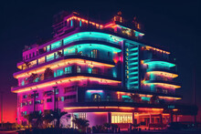 Generative AI Illustration Of Multistory Block Building With Verandas Glowing In Purple Orange And Blue Neon Lights Located On Street On Dark Sky