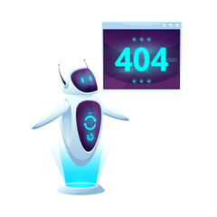 Leinwandbilder - 404 page with cartoon screen and robot. Webpage loading error, broken website maintenance, or service sign or Internet connection fail vector background with glowing neon futuristic robot character