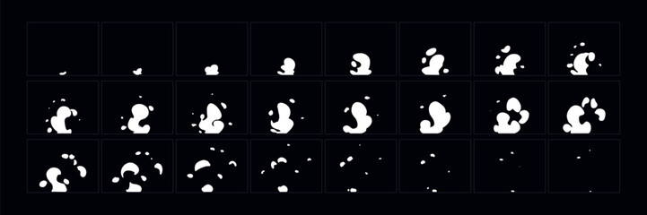 Wall Mural - Smoke explosion animation effect. classic cartoon smoke animated frames. Flash motion boom Exploding effect storyboard vector illustration set.