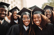 © ADDICTIVE STOCK - Generative AI illustration of cheerful African American graduating young students in black gown looking at camera while gathering in group