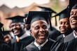 © ADDICTIVE STOCK - Generative AI illustration of cheerful adult male graduating matured African American students in graduation gown looking away with friends