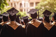© ADDICTIVE STOCK - Generative AI illustration back view of group of diverse students in black graduation gown and cap during convocation ceremony outdoors on a sunny day