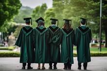 Generative AI Illustration Back View Of Group Of Students In Green Graduation Gown And Cap Standing Together On Asphalt Facing Green Lawn With Trees
