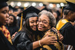 © ADDICTIVE STOCK - Generative AI illustration of cheerful female graduating students hugging mature grandmother smiling on blurred background of graduating students