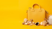 Stylish Bag With Seashell And Different Accessories On Yellow Background With Space For Text