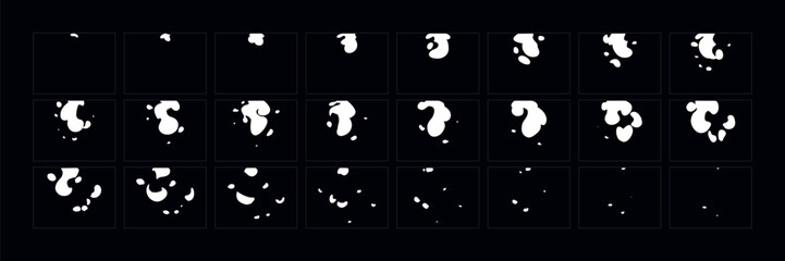 Wall Mural - Smoke explosion animation. 2d cartoon smoke animated sprite sheet frames. Flash motion boom Exploding effect storyboard vector illustration set.