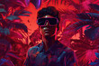© ADDICTIVE STOCK - Generative AI illustration African American male in VR googles in virtual theatre standing against neon illumination of green leaves and flowers