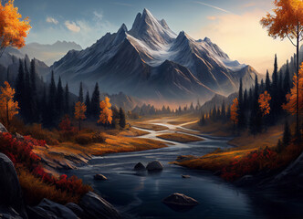 A beautiful autumn scene unfolds, where a mighty mountain towers over a serene river, its banks adorned with trees ablaze in the rich hues of the fall, painting a breathtaking portrait of nature