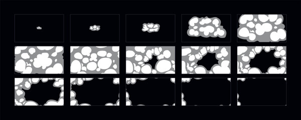 Wall Mural - Smoke explosion animation. 2d cartoon smoke animated sprite sheet frames. Flash motion boom Exploding effect storyboard vector illustration set.